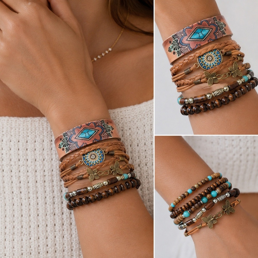 Boho Multi Layer Bracelet Set of 8‎ Turquoise Wood Bead Faux Leather Wrap Brown